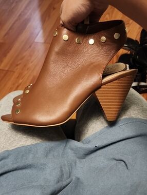 Vince Brown Leather Studded Peep-Toe Block Heel Mules